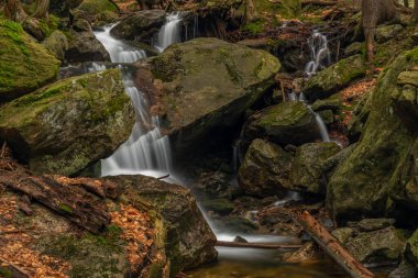Geigenbachfalle şelalesi Almanya 'da Groser Arber Tepesi yakınlarında bahar sabahı