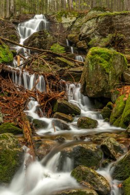 Geigenbachfalle şelalesi Almanya 'da Groser Arber Tepesi yakınlarında bahar sabahı