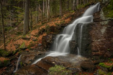 Geigenbachfalle şelalesi Almanya 'da Groser Arber Tepesi yakınlarında bahar sabahı