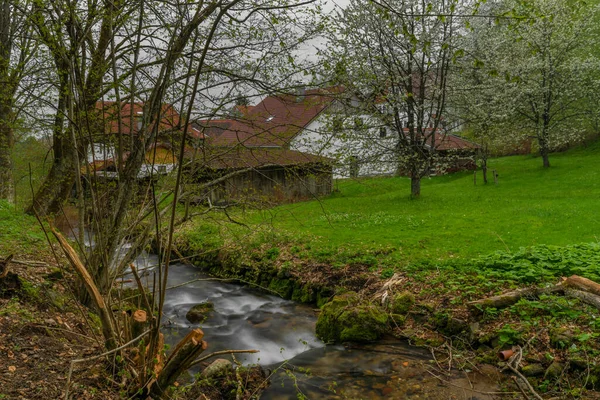 Pommerbach Creek Spring Cloudy Fresh Evening Buchenau Village — Stock Fotó