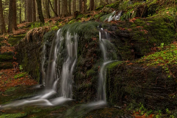 Geigenbachfalle şelalesi Almanya 'da Groser Arber Tepesi yakınlarında bahar sabahı