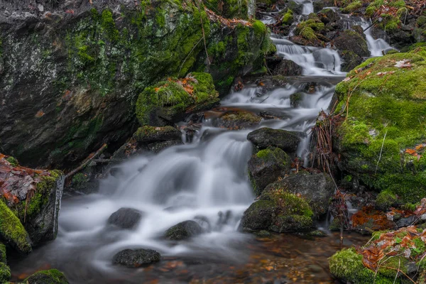 Krkonose dağlarında Jizera nehri ile kesişen şelaleli Prudky rucej deresi
