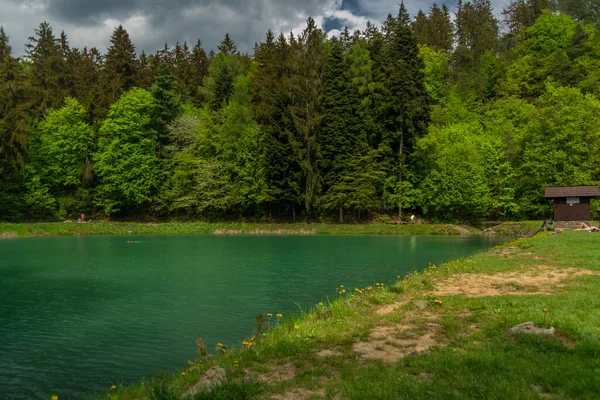 Banska Stiavnica kasabası yakınlarındaki manzara. Taze renklerle dolu, rezervuarlı güzel bir sabah.