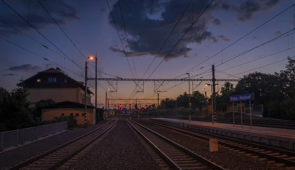 Hostivar Station Prag Mit Sonnenuntergang Farbe Frischen Abend — Stockfoto