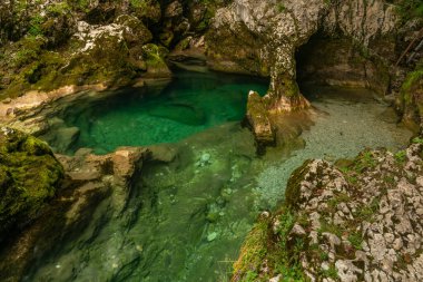 Slovenya 'da yaz dağları ile çevrili küçük bir nehir