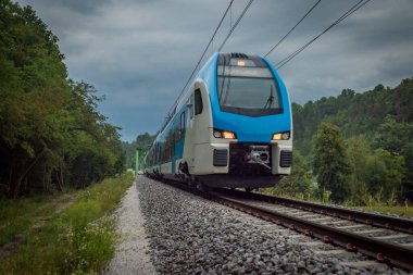 Slovenya 'da Radovljica kasabası yakınlarındaki Sava Nehri' nin derin vadisindeki trenler