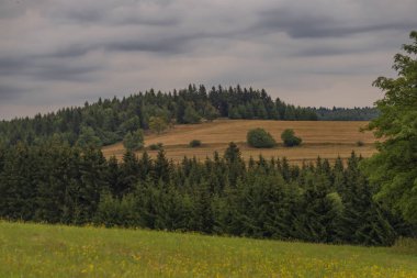 Summer morning in Krusne mountains over Chomutov town with color meadows and fences