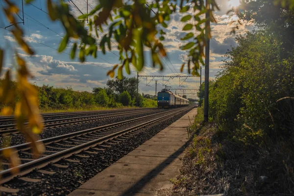 Trains on main czech railway Prague Kolin in summer hot sunny evening