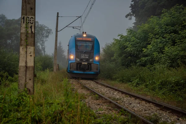 Mist Morning Electric Trains Rajcza Town Sola River Middle Summer — Stock Photo, Image
