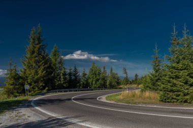 Road in Vysoke Tatry mountains in summer hot sunny fresh day