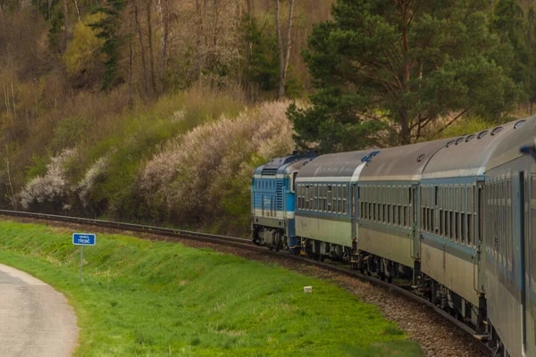 Blue Diesel Locomotive Blue Passenger Coach Jihlava Town Moravia — Fotografia de Stock
