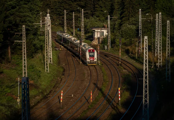 Passenger Electric Train Coming Station Strba Slovakia Montains Summer Sunny — Foto Stock