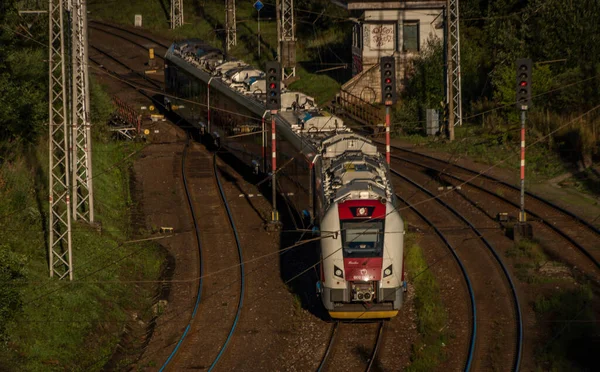 Passenger Electric Train Coming Station Strba Slovakia Montains Summer Sunny — Foto Stock