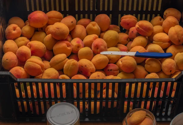 Making Apricot Compote Wooden Table Interior Middle Summer — Stock Photo, Image