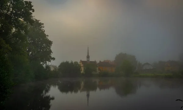 Vyssi Brod Town Summer Foggy Morning Color Buildings Fresh Nature — Foto Stock