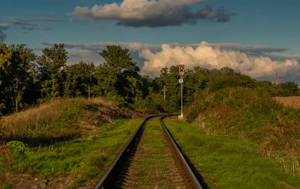 Old Non Electrified Railway Track Rakovnik Town Sunset Color Evening — Stock Photo, Image