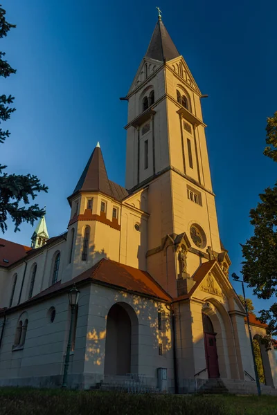 Εκκλησία Στην Ceske Budejovice Πόλη Μεγάλο Πύργο Φθινοπωρινό Χρώμα Βράδυ — Φωτογραφία Αρχείου