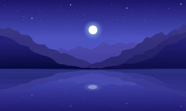 Невероятный Горный Пейзаж Озеро Голубой Водой Ночное Небо Луной Звездами — стоковый вектор