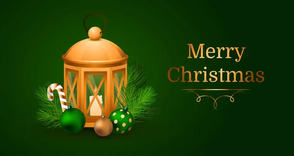  Altın fenerli yeşil bayram afişi, çam dalları, toplar, dekoratif tasarım için şeker. Noel posteri, kart. Web altın afişi. Davet kartı şablonu kavramı.
