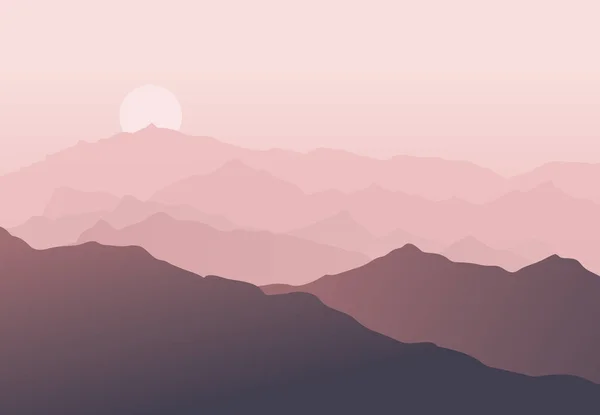Красивый Силуэт Синего Горного Пейзажа Туманом Восходом Закатом Солнца Фоне — стоковый вектор