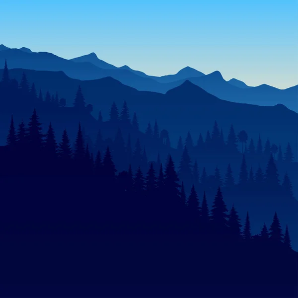 Simple Monochromatic Silhouette Landscape Fog Forest Blue Mountains Illustration View — стоковый вектор