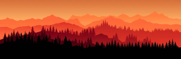 Vector Paisaje Horizontal Rojo Con Niebla Árbol Navidad Del Bosque — Vector de stock