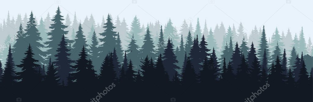  Vector mountains forest background texture, silhouette of coniferous forest, vector. Winter season trees covered in snow, spruce, fir. Horizontal landscape.