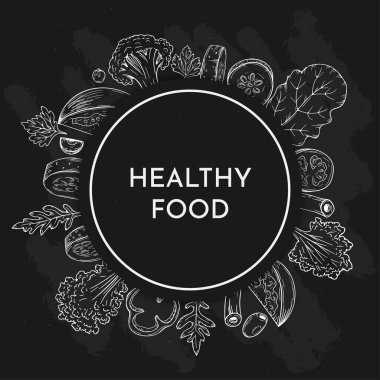  Vegetable Illustration vector food design template. Farm grown vegan organic tomato, garlic, pepper. Vintage hand drawn vegetables sketch grunge blackboard background banner.