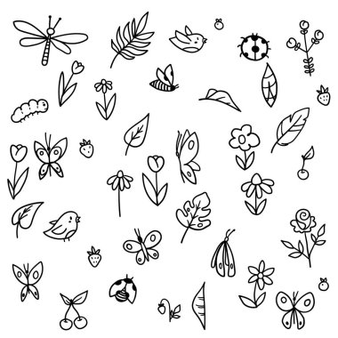  Vector spring hand drawn set with blossoming plants, leaf and flying insects around flowers and butterfly, bug, bee, ladybug floral sketch doodle illustration.