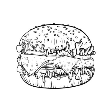  Meal burger menu with hamburger, cheeseburger hand drawn sketch. Fast food with bun, meat, vegetable burger, onion ring, lettuce, sauce, vector isolated line on white background