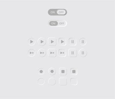 Online video media music player UI Neumorphism design elements UI components buttons, bars, sliders Minimalism style for apps, websites, interfaces icons set.