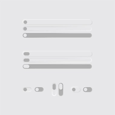 White web buttons with gray design elements. Push, toggle switch buttons and sliders. Minimalism UI UX realistic user interface elements. For websites, mobile menu, navigation and apps.