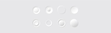  Minimalism style white circle buttons or icons. Neumorphism style elements vector set. Modern website or mobile app design. Neumorphic UI UX design collection.