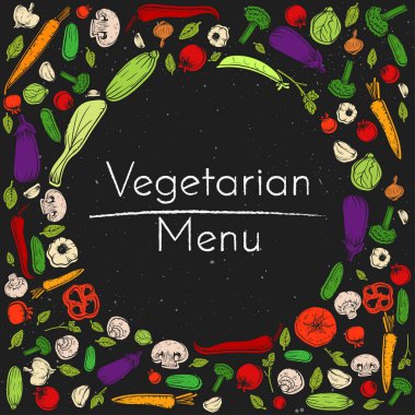 Vector blackboard background with vegetables and place for text. Sketch colorful doodle food in circle frame organic vegan drawing illustration for restaurant menu