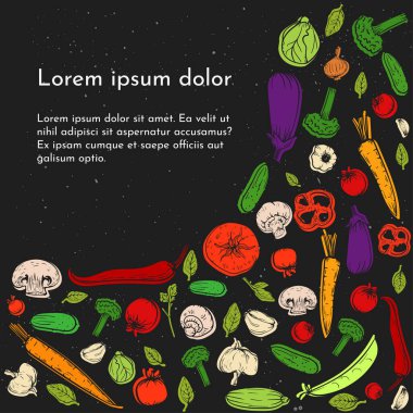 Vegetable chalk sketch set in vector. Harvest and Thanksgiving, vegetarian food collection for restaurant, menu, poster and grocery package: garlic, peppers, eggplant, tomato, mushrooms, carrots.