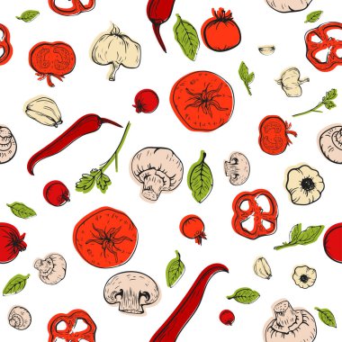  Seamless pattern with hand drawn sketch vegetables tomato, pepper, garlic, mushrooms for pizza or salad recipe, package, menu, cooking. Healthy food vector white background, poster or banner.