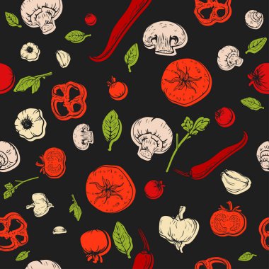  Seamless pattern with hand drawn sketch vegetables tomato, pepper, garlic, mushrooms for pizza recipe, package, menu, cooking. Healthy food vector black background, poster or banner.