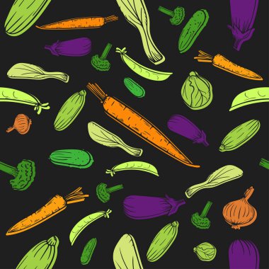   Seamless pattern healthy food vector black background. Poster or banner with hand drawn sketch vegetables carrot, cucumber, eggplant, garlic, broccoli for package, menu, recipe, cooking.