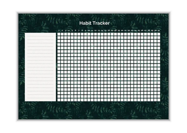  Habit tracker blank page A4. Business organizer schedule page for for effective planning. Bullet journal template. Monthly planer. Printable diary, for important goals. Green leaves design.