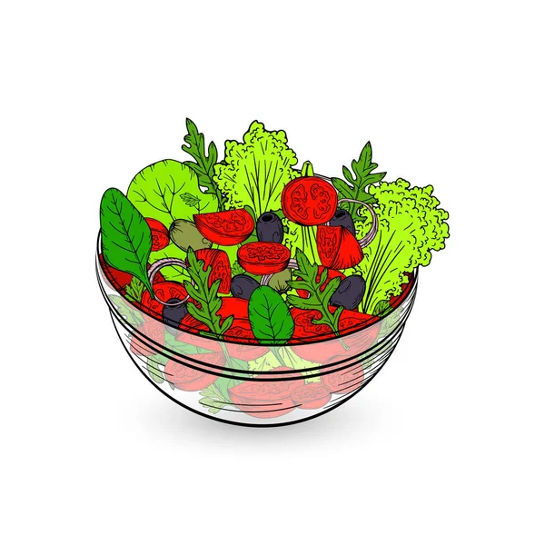 Greek Salad Bowl Sketch Vector Illustration Tomato Olive Simple Vegetable — Wektor stockowy