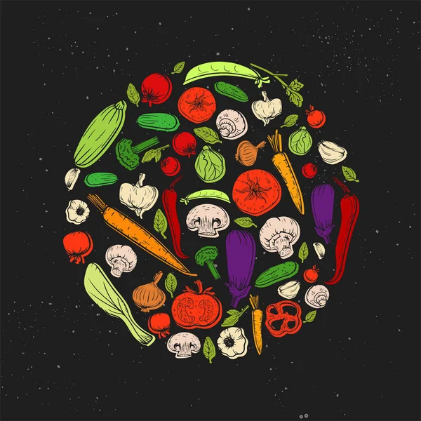Vector Blackboard Background Vegetables Sketch Colorful Doodle Food Circle Frame — Wektor stockowy