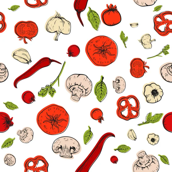  Seamless pattern with hand drawn sketch vegetables tomato, pepper, garlic, mushrooms for pizza or salad recipe, package, menu, cooking. Healthy food vector white background, poster or banner.
