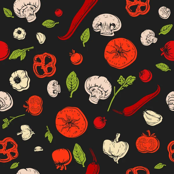  Seamless pattern with hand drawn sketch vegetables tomato, pepper, garlic, mushrooms for pizza recipe, package, menu, cooking. Healthy food vector black background, poster or banner.