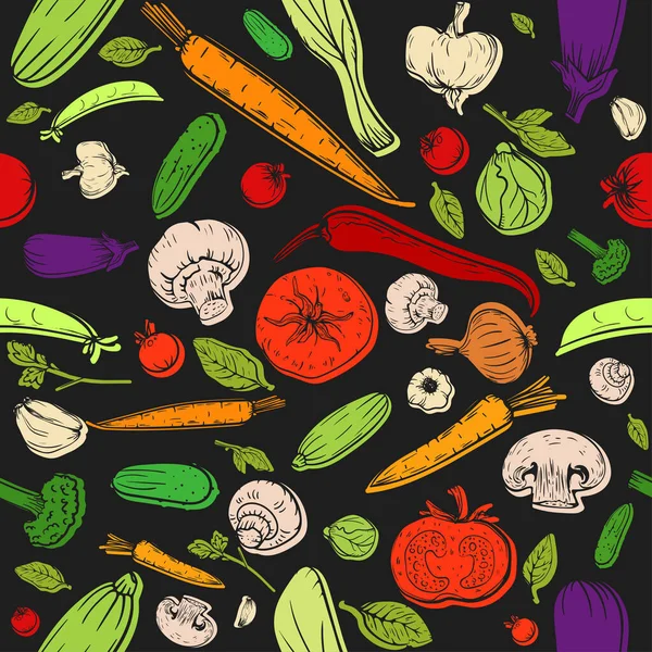 Seamless Pattern Healthy Food Vector Black Background Poster Banner Hand — Vetor de Stock