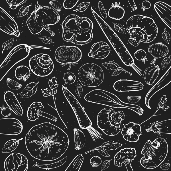 Seamless Pattern Vector Black Background Hand Drawn Sketch Vintage Vegetables — Vetor de Stock