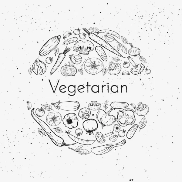 Vector Grunge Background Vegetables Set Place Text Sketch Doodle Vegan — 图库矢量图片