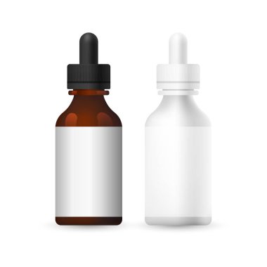  Vücut için gerçekçi boş güzellik ürünleri seti. Serum ya da yağ pipeti beyaz, kahverengi, şeffaf cam için boş konteynır şablonu koleksiyonu. Beyazda izole edilmiş bir illüstrasyon oluştur.