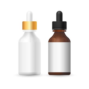  Vücut için gerçekçi boş güzellik ürünleri seti. Serum ya da yağ pipeti beyaz, kahverengi, şeffaf cam için boş konteynır şablonu koleksiyonu. Beyazda izole edilmiş bir illüstrasyon oluştur.