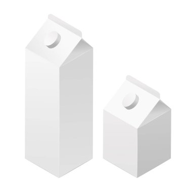  Beyaz arka planda izole edilmiş 3 boyutlu süt ya da meyve suyu paketleri. Ürün ve içecekler için gıda ambalajı. Markalaşma için gerçekçi vektör çizimi.