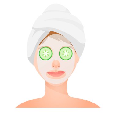  Cilt bakımının vektör çizimi kozmetik maskeler ile yapılır. Kız cilt bakımı yüz maskesi salatalık spa, güzellik, rahatlama, güzellik tedavileri.